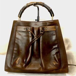 GUCCI Bamboo Brown Leather Tall Shopper Tote Shoulder Bag Tom Ford Era VINTAGE